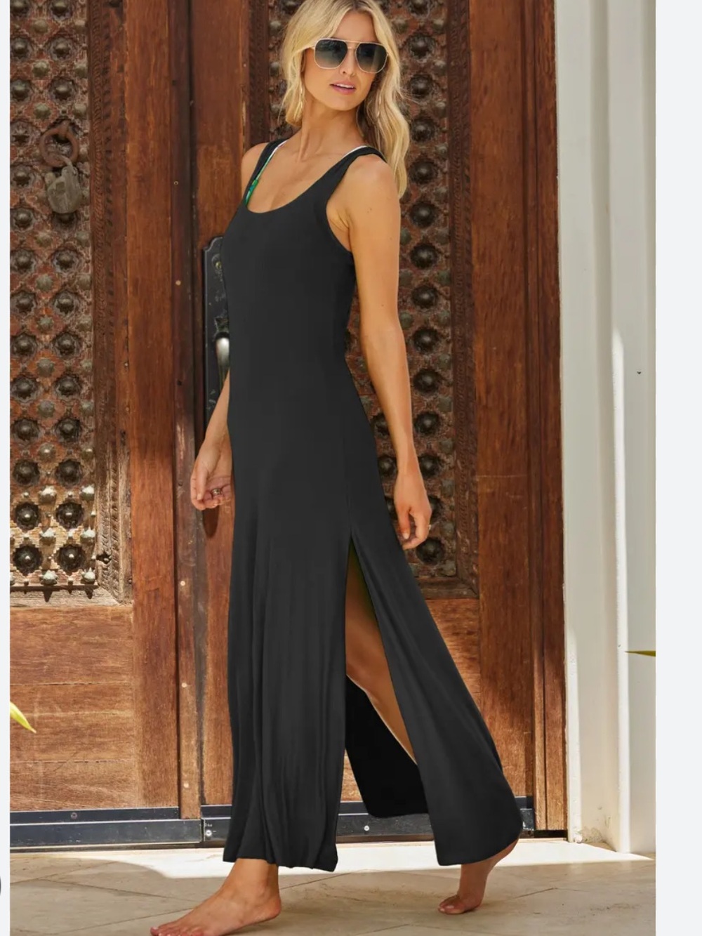 Becca Mykonos Black Ribbed Tank Top Maxi Dress Coverup